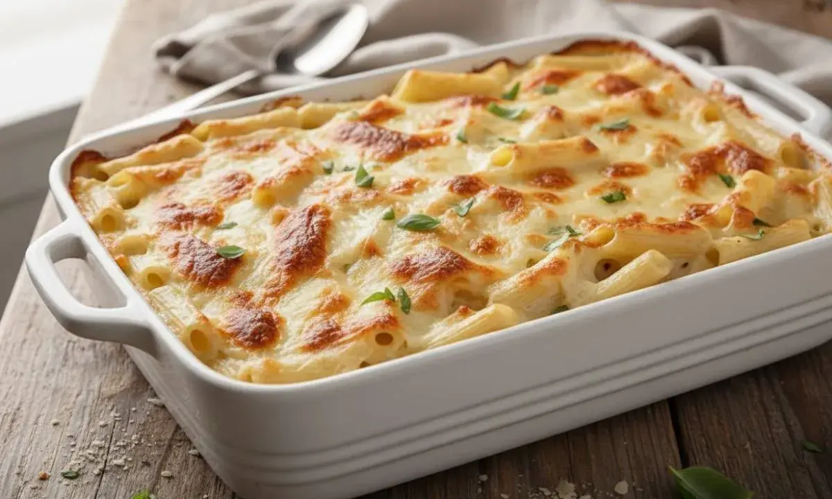Pasta al forno bianca, dorata e filante, guarnita con basilico fresco, pronta per essere gustata.