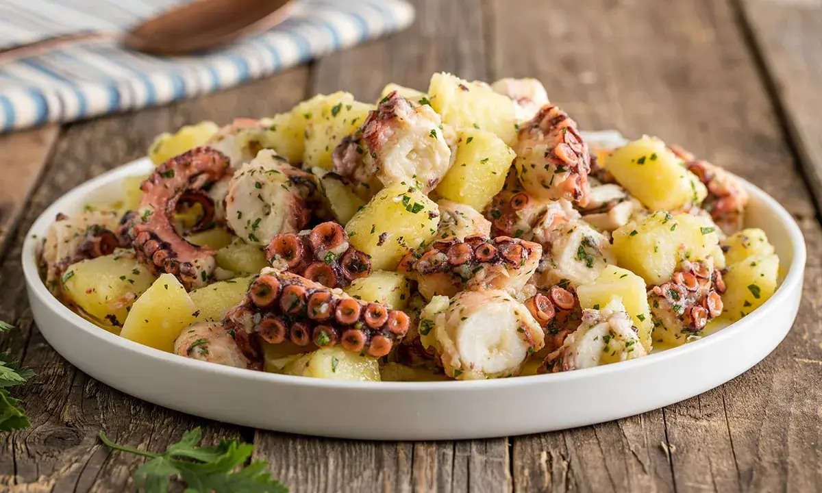 Un invitante polpo con patate, condito con prezzemolo fresco, servito in un piatto bianco su un tavolo di legno rustico.