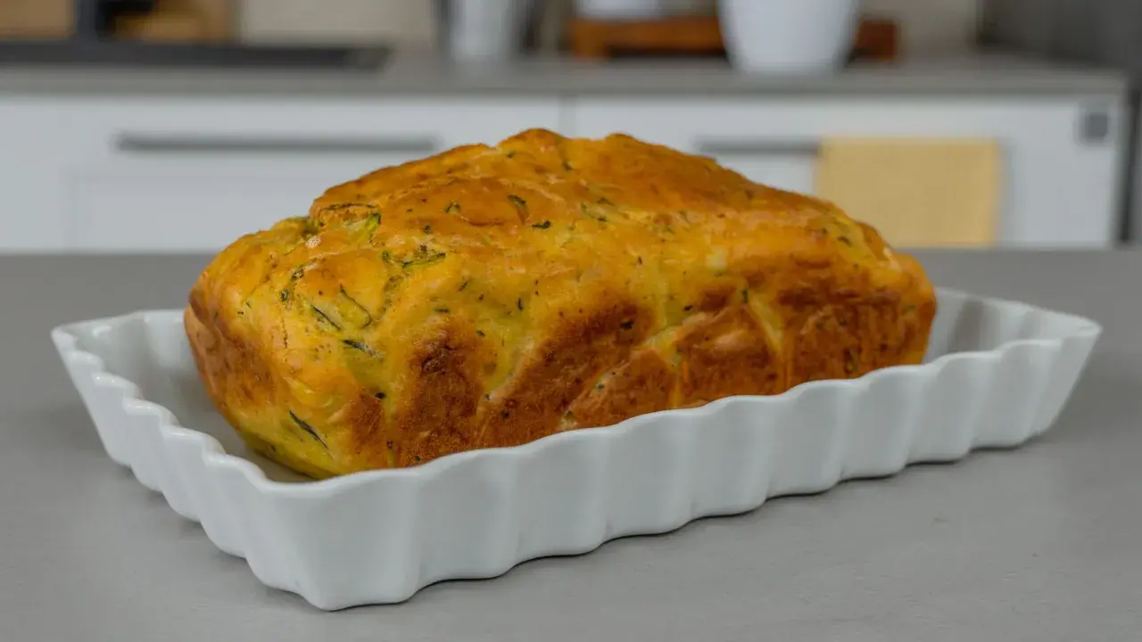 Sformato di zucchine dorato e soffice, appena sfornato, servito in una pirofila bianca.