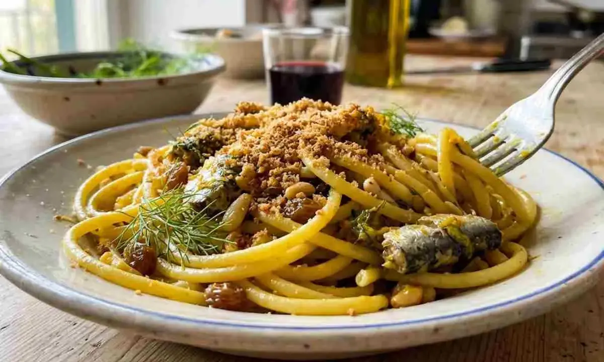 Un piatto di pasta con le sarde, condita con finocchietto selvatico, pinoli, uvetta e pangrattato croccante.