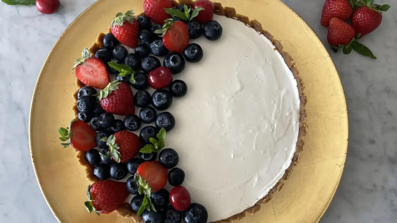 Crostata di frutta fresca con fragole, mirtilli e ciliegie su una base dorata.
