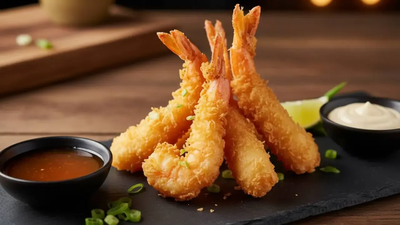 Gamberi in tempura dorati e croccanti, serviti con salsa agrodolce e maionese, guarniti con cipollotto fresco.