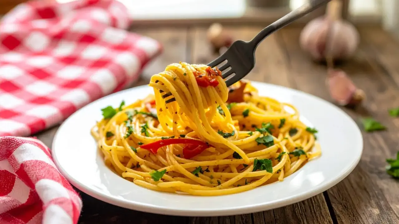 Un piatto di spaghetti alla carrettiera fumanti, conditi con pomodoro e prezzemolo, pronti per essere gustati.