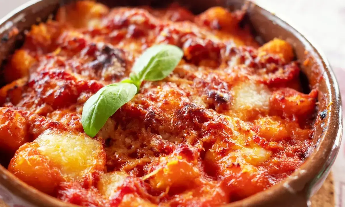 Gnocchi al forno, ricoperti di sugo rosso e formaggio filante, guarniti con una foglia di basilico. Un invitante piatto di pasta alla sorrentina.