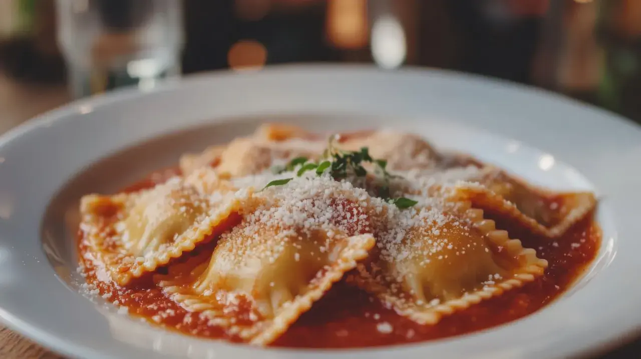 Deliziosi ravioli fatti in casa, conditi con sugo rosso, parmigiano grattugiato e un rametto di erbe aromatiche.