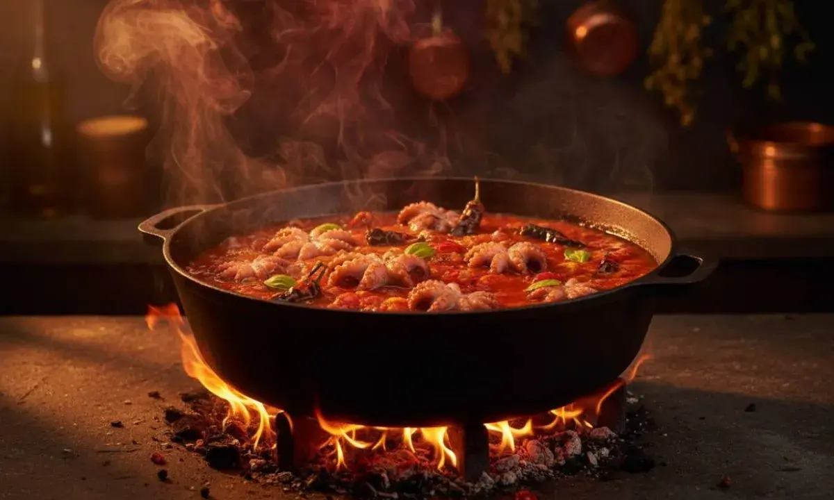 Polipetti in purgatorio, un sugo rosso intenso con tentacoli che danzano nel calore, sprigionando un profumo invitante.