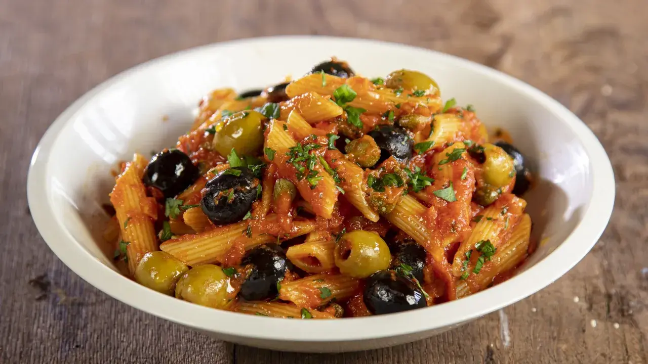 Penne al sugo rosso con olive nere e verdi, capperi e prezzemolo, un piatto di pasta alla puttanesca invitante.
