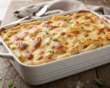Pasta al forno bianca, dorata e filante, guarnita con basilico fresco, pronta per essere gustata.