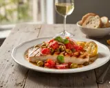 Un succulento pesce spada alla siciliana, guarnito con pomodori, olive, pinoli e basilico, accompagnato da limone grigliato e pane.