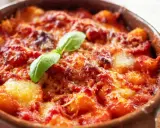 Gnocchi al forno, ricoperti di sugo rosso e formaggio filante, guarniti con una foglia di basilico. Un invitante piatto di pasta alla sorrentina.