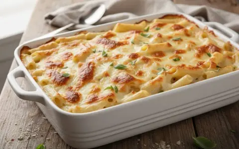 Pasta al forno bianca, dorata e filante, guarnita con basilico fresco, pronta per essere gustata.