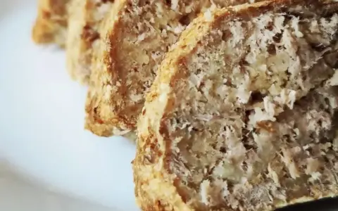 Fette di polpettone di tonno, cotto al forno, con una crosticina dorata e un interno morbido e sfilacciato.