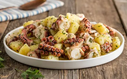 Un invitante polpo con patate, condito con prezzemolo fresco, servito in un piatto bianco su un tavolo di legno rustico.