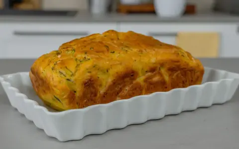 Sformato di zucchine dorato e soffice, appena sfornato, servito in una pirofila bianca.