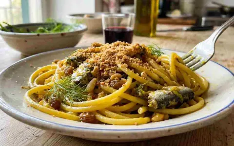 Un piatto di pasta con le sarde, condita con finocchietto selvatico, pinoli, uvetta e pangrattato croccante.