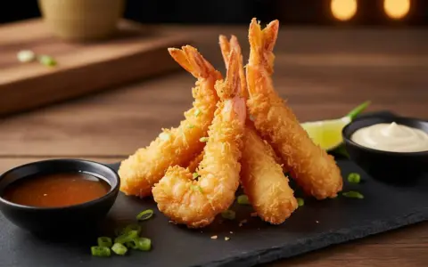 Gamberi in tempura dorati e croccanti, serviti con salsa agrodolce e maionese, guarniti con cipollotto fresco.