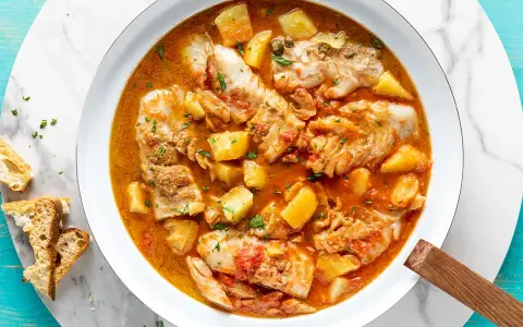 Un invitante merluzzo in umido con patate, pomodoro e capperi, guarnito con prezzemolo fresco e accompagnato da fette di pane croccante.