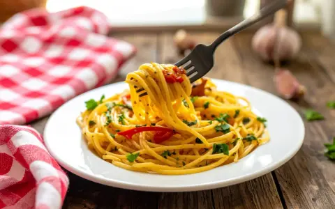 Un piatto di spaghetti alla carrettiera fumanti, conditi con pomodoro e prezzemolo, pronti per essere gustati.
