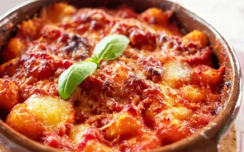 Gnocchi al forno, ricoperti di sugo rosso e formaggio filante, guarniti con una foglia di basilico. Un invitante piatto di pasta alla sorrentina.