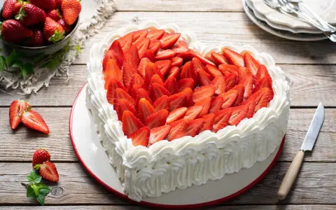 Cuore di torta panna e fragole, decorato con panna montata e fragole fresche a fette. Un invito alla dolcezza.