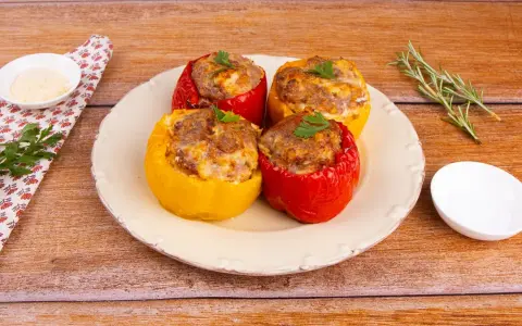 Quattro peperoni ripieni al forno, rossi e gialli, con un ripieno saporito e dorato, guarniti con prezzemolo fresco.