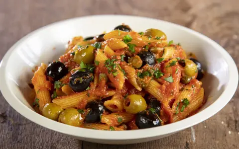 Penne al sugo rosso con olive nere e verdi, capperi e prezzemolo, un piatto di pasta alla puttanesca invitante.