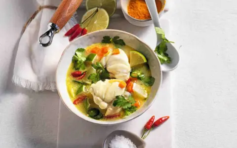 Zuppa esotica con rana pescatrice, lime, peperoncino e coriandolo. Un'idea per le tue rana pescatrice ricette.