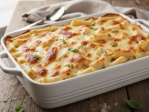 Pasta al forno bianca, dorata e filante, guarnita con basilico fresco, pronta per essere gustata.