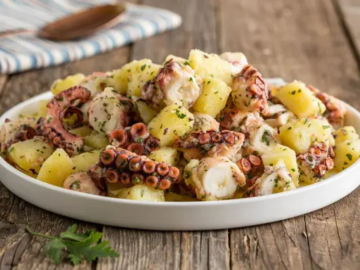 Un invitante polpo con patate, condito con prezzemolo fresco, servito in un piatto bianco su un tavolo di legno rustico.