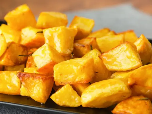 Un piatto invitante di patate al forno croccanti, dorate e saporite, pronte per essere gustate.