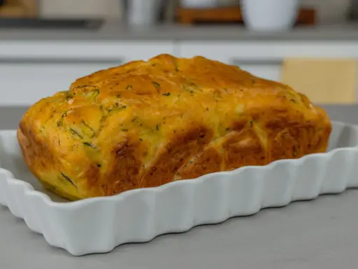Sformato di zucchine dorato e soffice, appena sfornato, servito in una pirofila bianca.