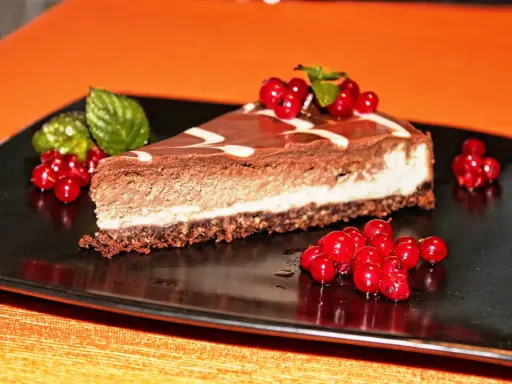 Una fetta di cheesecake alla nutella, con glassa al cioccolato e decorata con ribes rossi e menta.