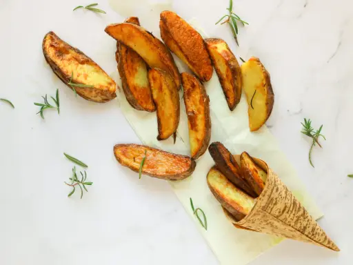 Patate al forno dorate e croccanti, guarnite con rametti di rosmarino fresco. Un piacere per gli occhi e per il palato.