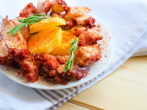 Un invitante polpo alla gallega, cosparso di paprika e guarnito con rosmarino e patate, pronto per essere gustato.