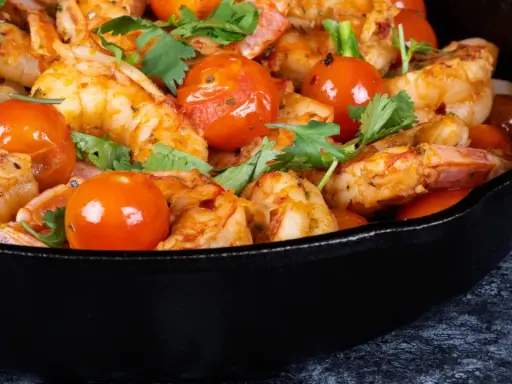 Gamberoni in padella succulenti, cotti con pomodorini e erbe aromatiche, un piatto invitante.