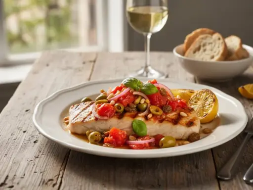 Un succulento pesce spada alla siciliana, guarnito con pomodori, olive, pinoli e basilico, accompagnato da limone grigliato e pane.