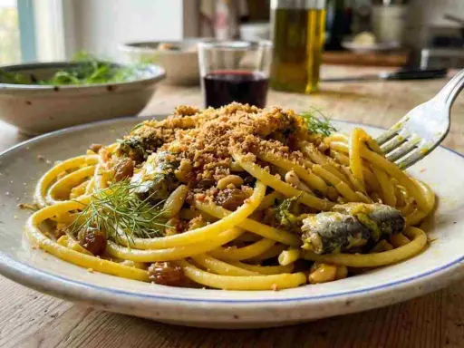 Un piatto di pasta con le sarde, condita con finocchietto selvatico, pinoli, uvetta e pangrattato croccante.