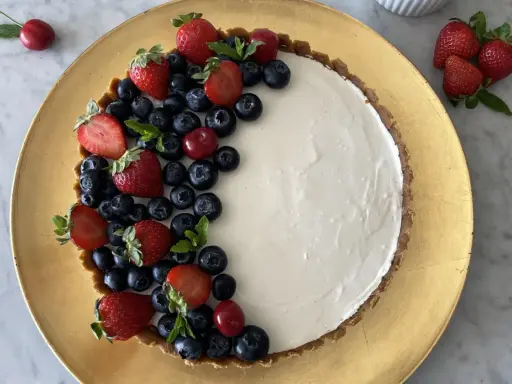 Crostata di frutta fresca con fragole, mirtilli e ciliegie su una base dorata.