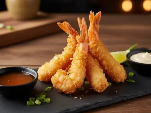 Gamberi in tempura dorati e croccanti, serviti con salsa agrodolce e maionese, guarniti con cipollotto fresco.