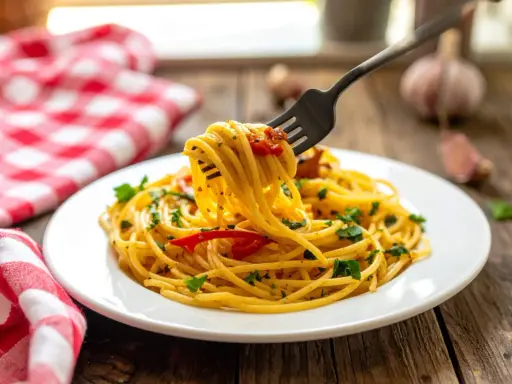 Un piatto di spaghetti alla carrettiera fumanti, conditi con pomodoro e prezzemolo, pronti per essere gustati.