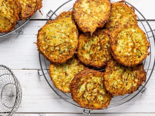 Un mucchio di rosti di zucchine dorati e croccanti su una griglia, pronti per essere gustati.