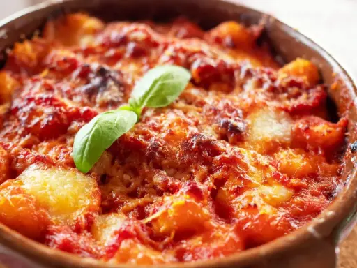 Gnocchi al forno, ricoperti di sugo rosso e formaggio filante, guarniti con una foglia di basilico. Un invitante piatto di pasta alla sorrentina.