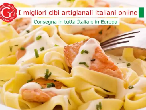 Pasta fresca con salmone e crema, un piatto delizioso pronto per la consegna in tutta Italia e in Europa.