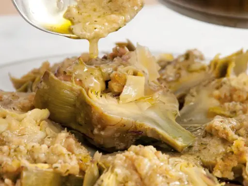 Un cucchiaio versa un sugo dorato su un piatto di carciofi alla romana, conditi con erbe aromatiche e pane croccante.