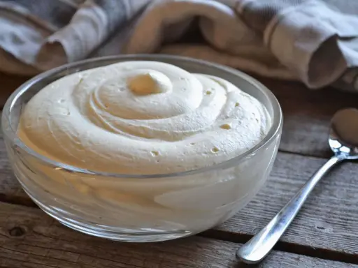 Una ciotola di vetro piena di soffice crema al mascarpone, con una spirale perfetta e una cucchiaio d'argento accanto.
