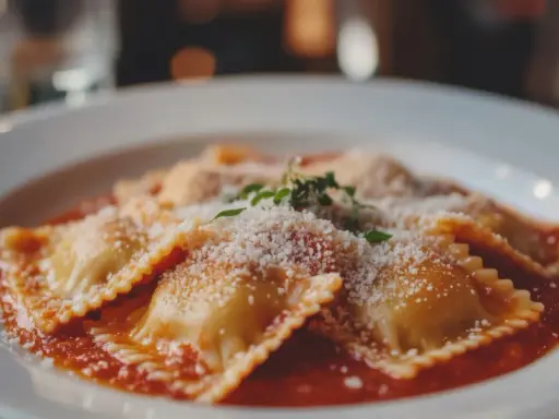 Deliziosi ravioli fatti in casa, conditi con sugo rosso, parmigiano grattugiato e un rametto di erbe aromatiche.