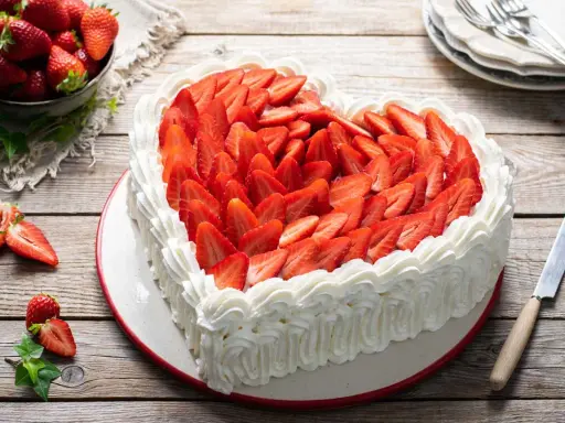 Cuore di torta panna e fragole, decorato con panna montata e fragole fresche a fette. Un invito alla dolcezza.
