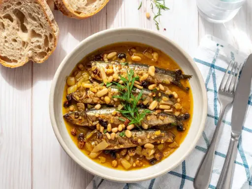 Sarde in saor in una ciotola, con pinoli, uvetta e cipolle. Accanto, pane rustico e posate.