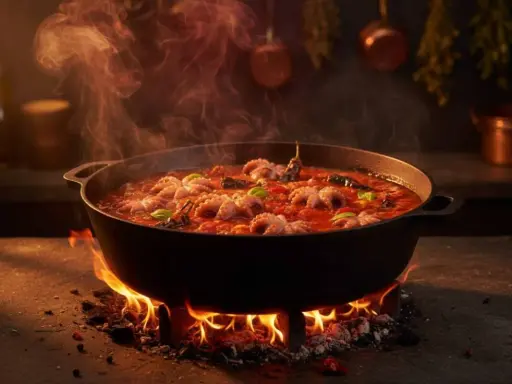 Polipetti in purgatorio, un sugo rosso intenso con tentacoli che danzano nel calore, sprigionando un profumo invitante.