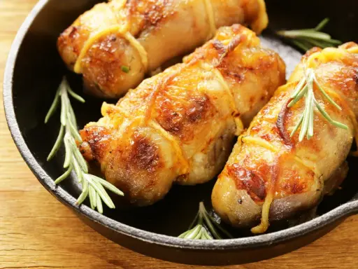 Involtini di pollo in padella, dorati e succulenti, con rametti di rosmarino fresco.